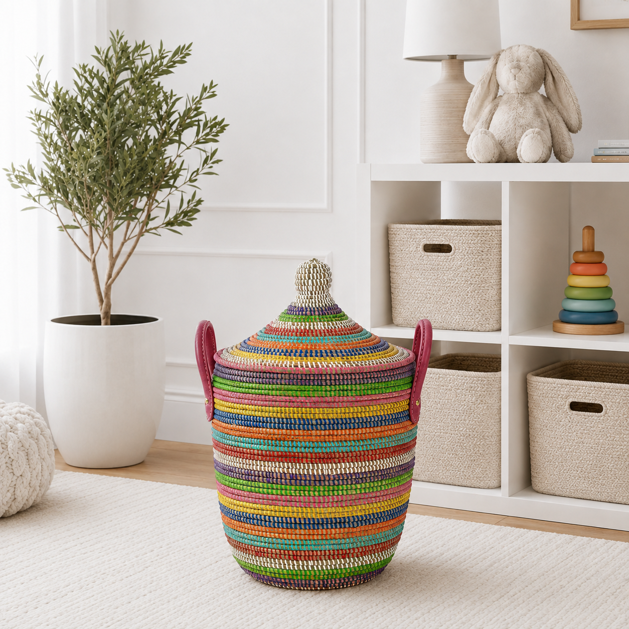 Large Multicolor Stripe Lidded Storage Hamper