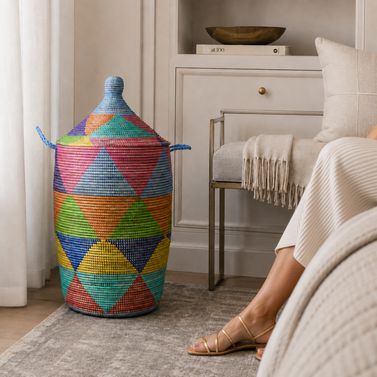 Tall Multicolor Diamond Lidded Storage Hamper