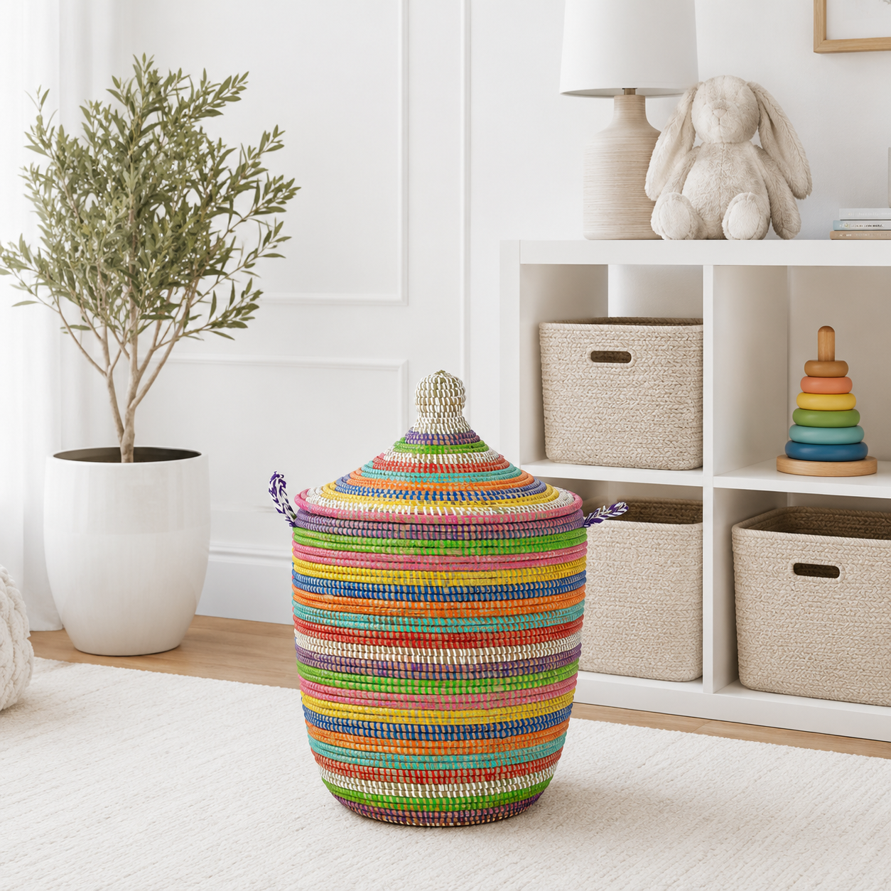 Large Multicolor Stripe Lidded Storage Hamper