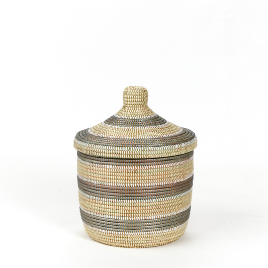 Small Silver, Cream, and White Striped Storage Hamper