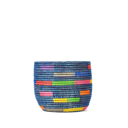 Small Blue Planter with Multicolor Accents