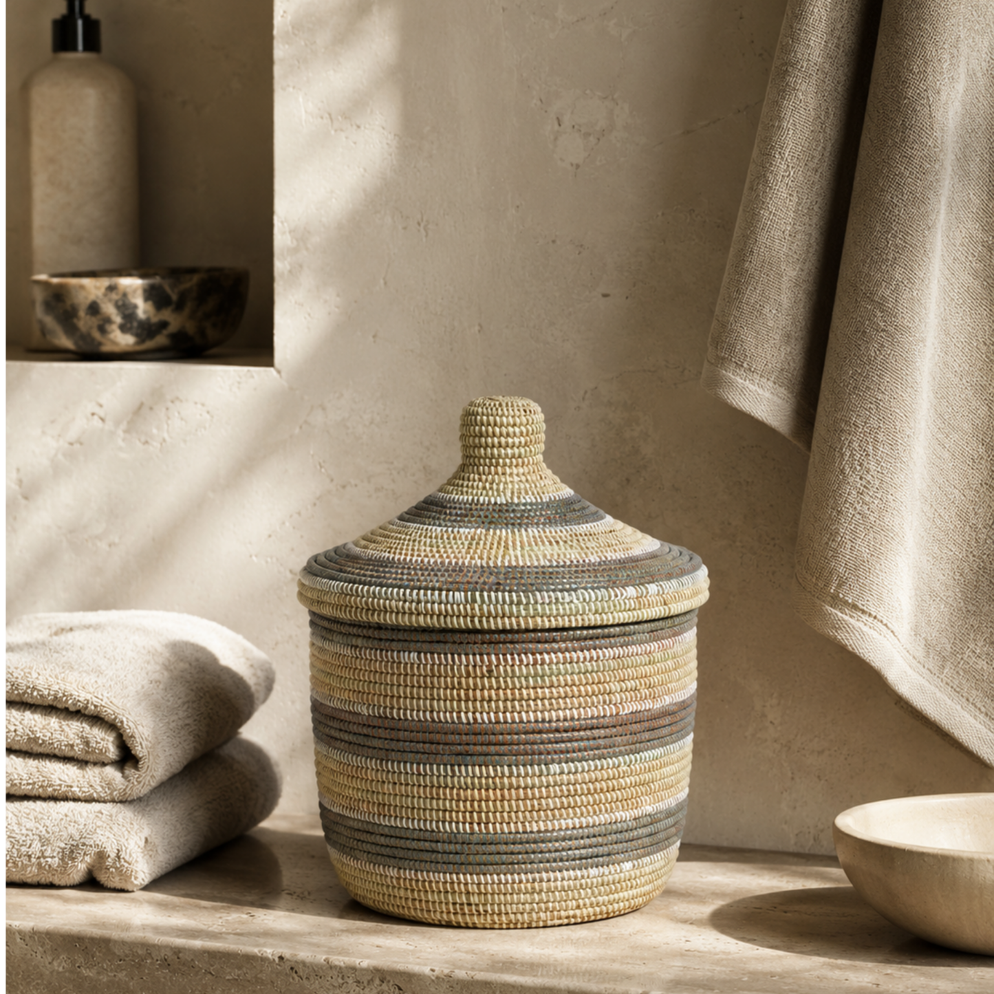 Small Silver, Cream, and White Striped Storage Hamper