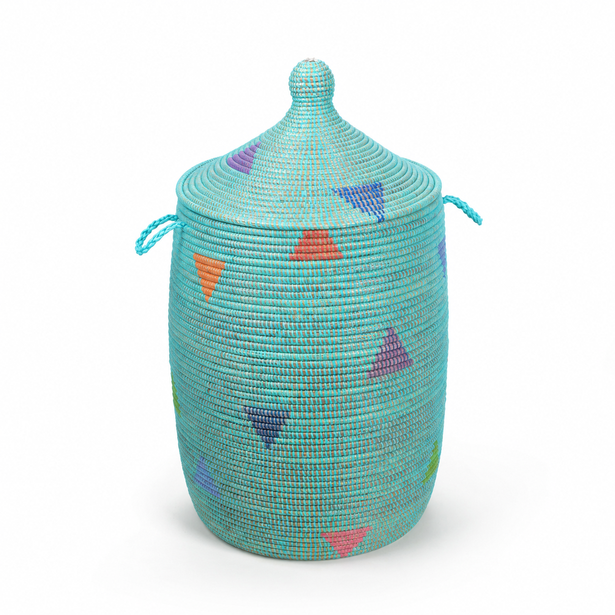 Tall Aqua Lidded Storage Hamper with Geometric Accents