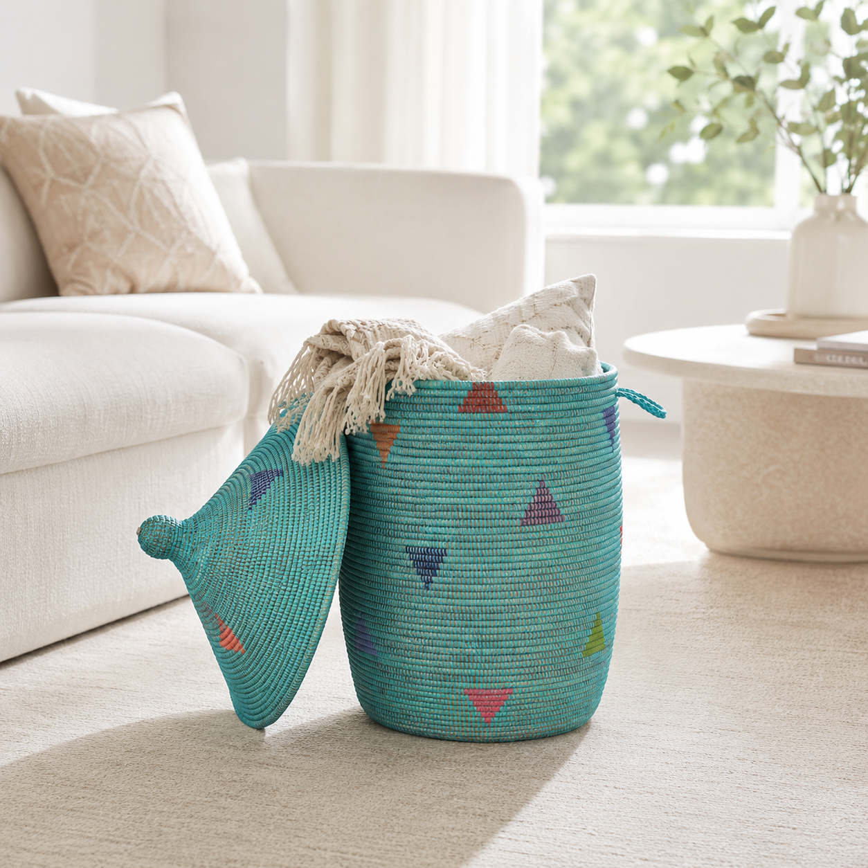Tall Aqua Lidded Storage Hamper with Geometric Accents