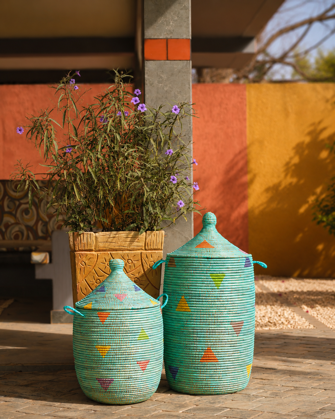 Aqua Geometric Lidded Storage Hamper