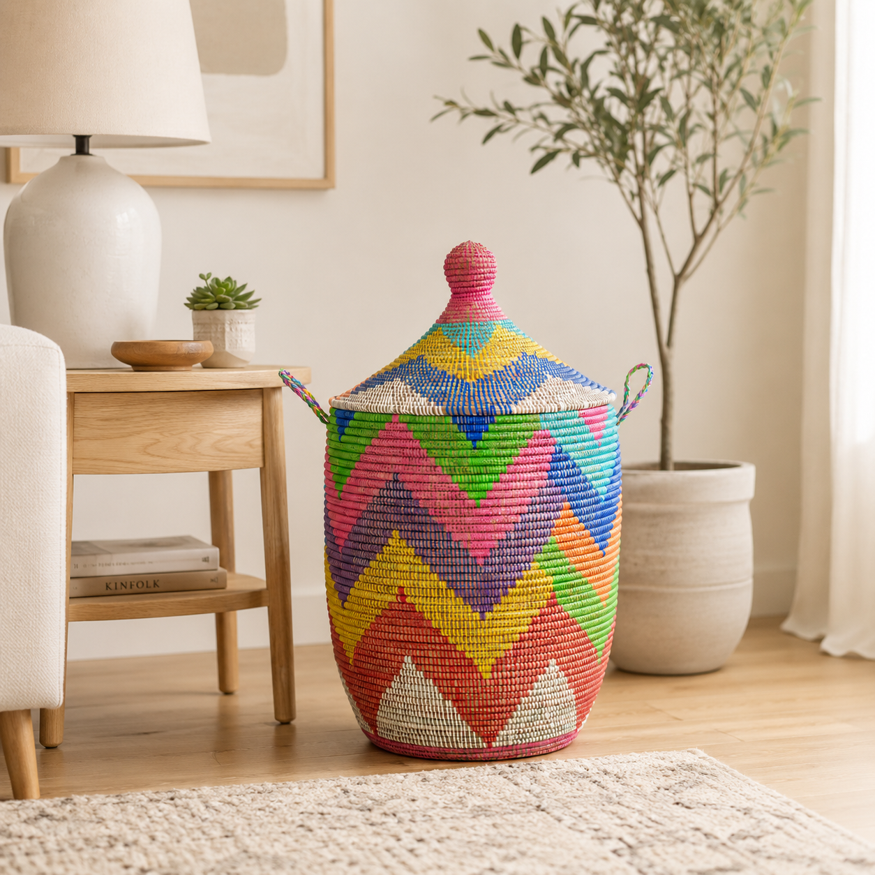 Multicolor Chevron Lidded Storage Hamper
