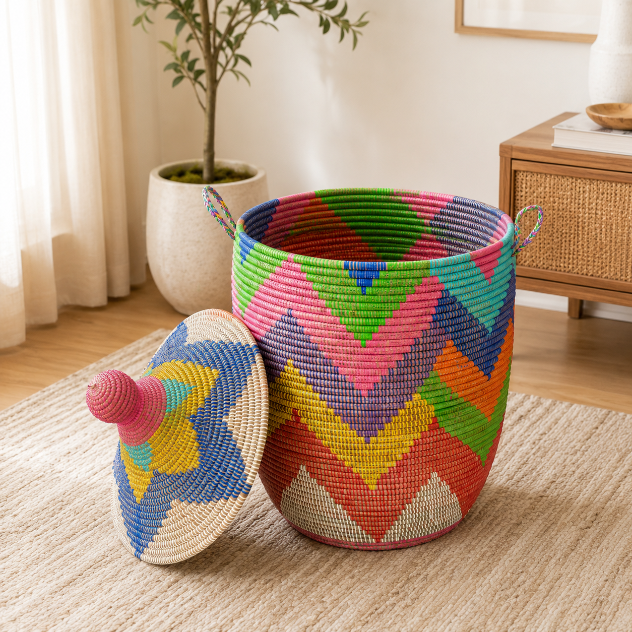 Multicolor Chevron Lidded Storage Hamper