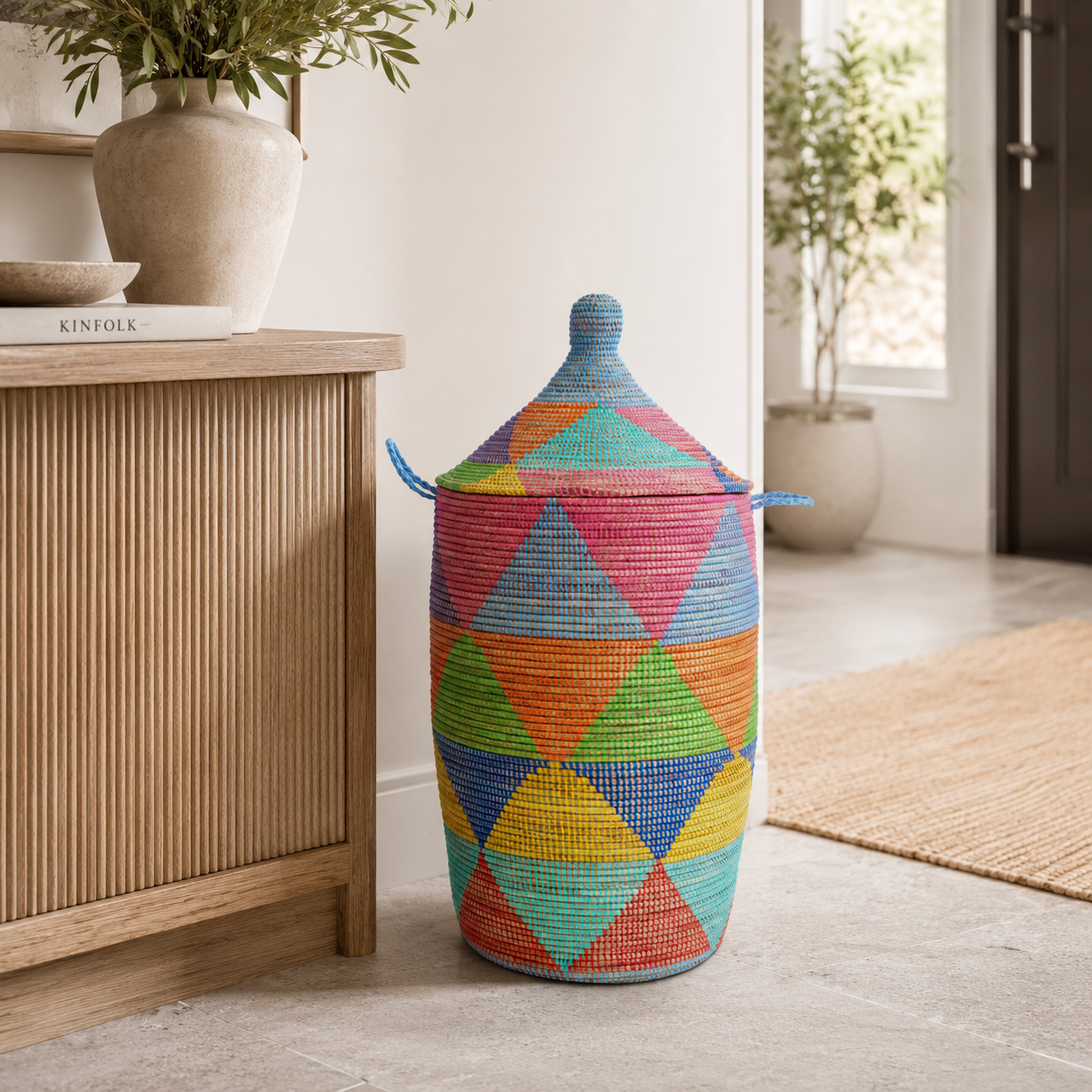Tall Multicolor Diamond Lidded Storage Hamper
