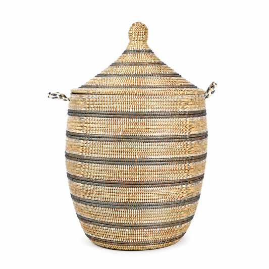Large Silver, Cream, and White Striped Storage Hamper