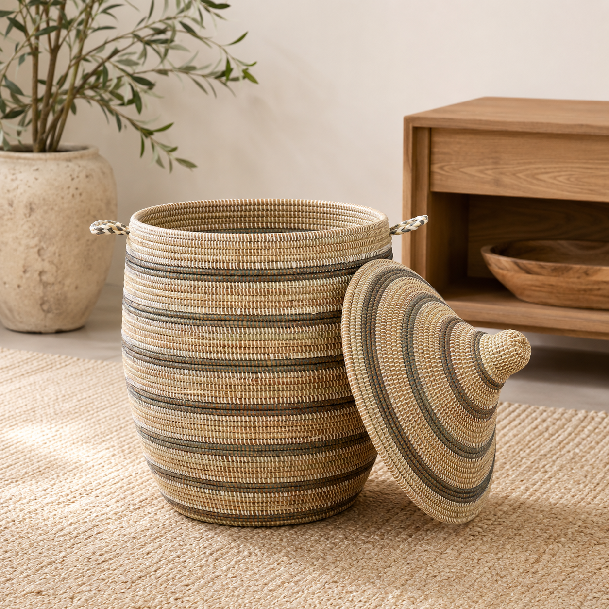 Large Silver, Cream, and White Striped Storage Hamper