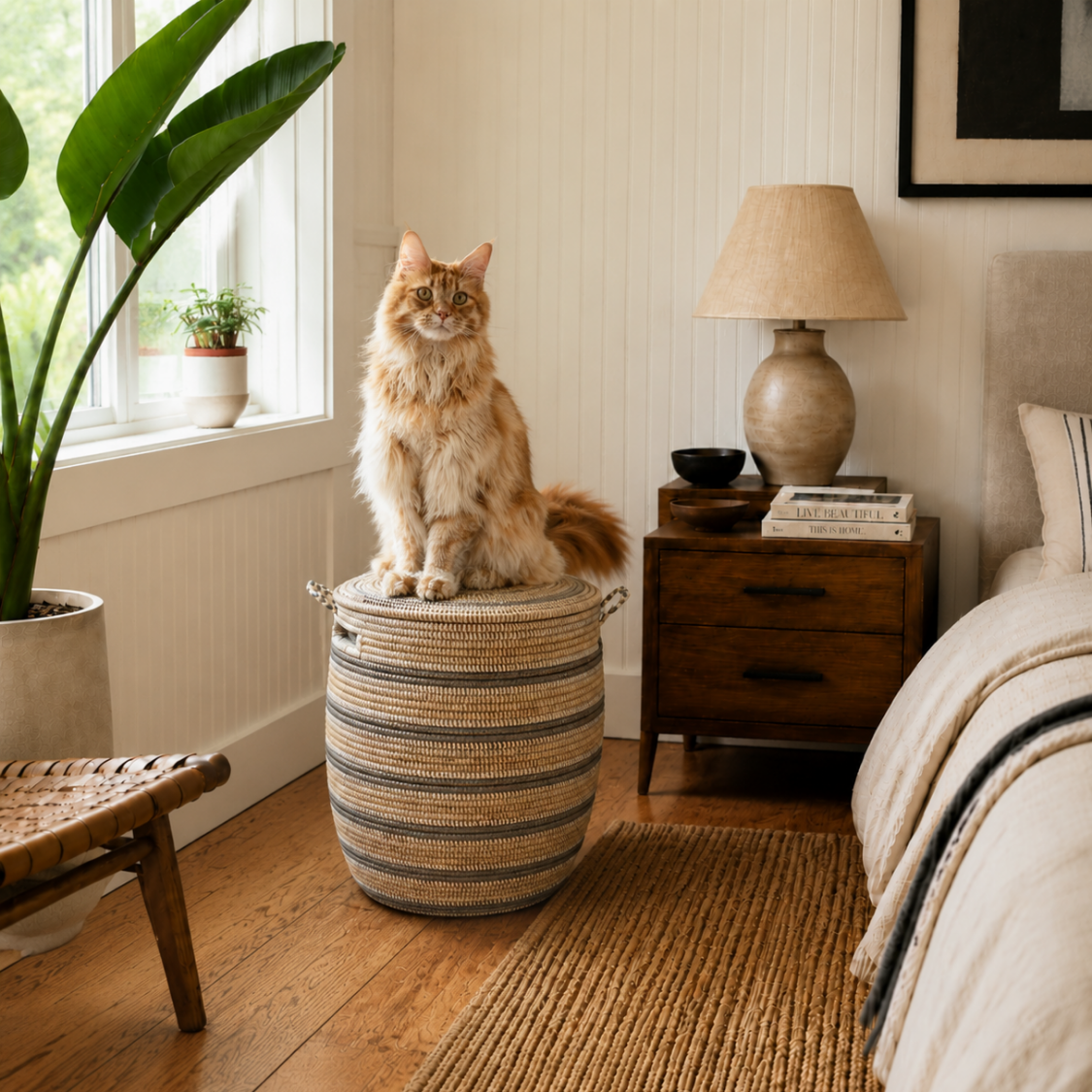 Large Silver, Cream, and White Striped Storage Hamper