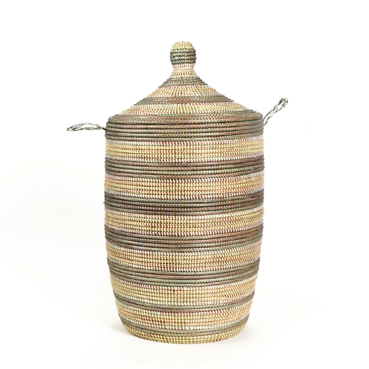 Tall Silver, Cream, and White Striped Storage Hamper