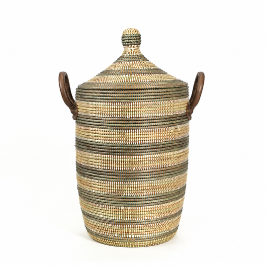 Tall Silver, Cream, and White Striped Storage Hamper