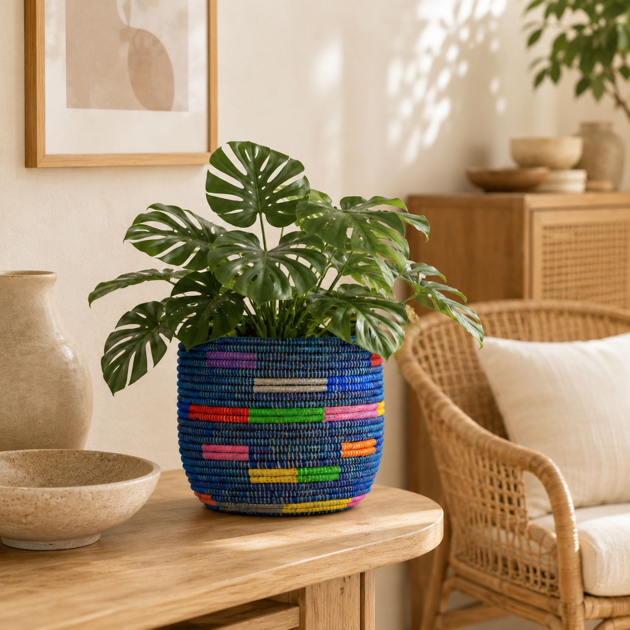 Small Blue Planter with Multicolor Accents